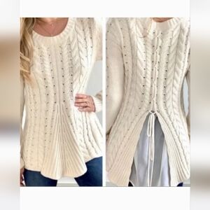 Cabi 3157 Women’s Cream Lace Up Back Cable Knit Sweater Size Small
